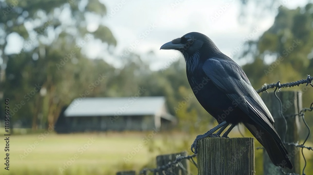 Raven perched on fence post, rural scene. Raven perched on fence post, rural scene.