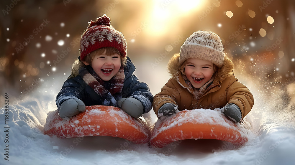 Kids Sledding Downhill in Winter Wonderland Fun