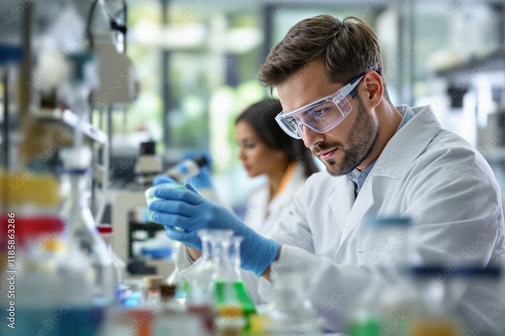 Scientists in white lab coats performing experiments, focusing on glassware and substances in a bright laboratory. Concept of research and science. Ai generative