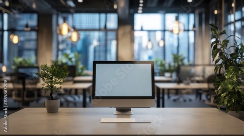 Wallpaper Mural Modern office desk with computer, plants, and city view. Torontodigital.ca