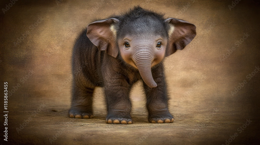 Naklejka premium Adorable baby elephant calf standing, looking directly at the camera against a textured brown background.
