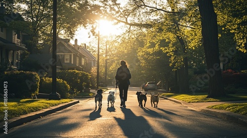 Woman walking four dogs down a tree-lined residential street at sunset. photo