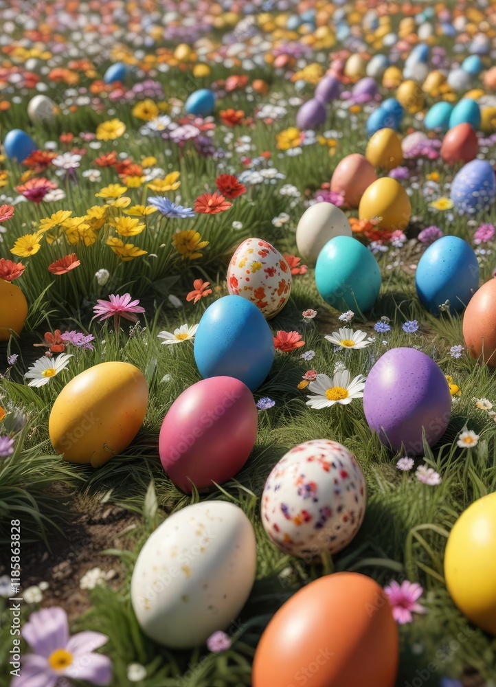 A field filled with brightly colored Easter eggs and flowers , springtime, grassy landscape, sunny meadow A field filled with brightly colored Easter eggs and flowers , springtime, grassy landscape, sunny meadow