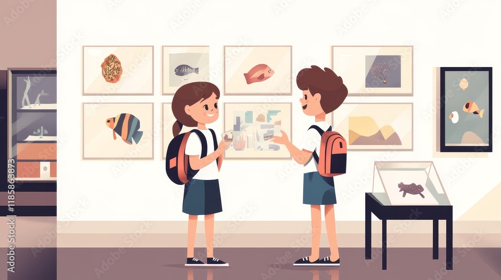 Two Children Exploring a Modern Museum Exhibit, Engaging with Artifacts and Discovering Educational Displays in a Bright and Colorful Environment Two Children Exploring a Modern Museum Exhibit, Engaging with Artifacts and Discovering Educational Displays in a Bright and Colorful Environment