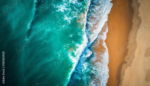 Aerial view of turquoise ocean wave reaching the coastline. Beautiful tropical beach from top view. Andaman sea in Indonesian. Summer holiday vacation concept
