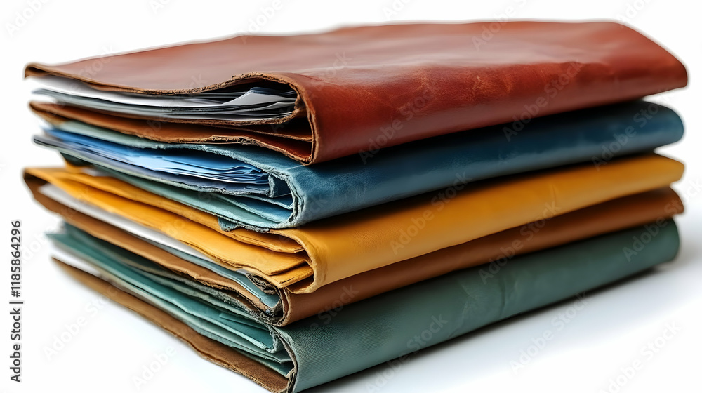 Colorful Leather Folders Stacked Neatly on a White Background Colorful Leather Folders Stacked Neatly on a White Background