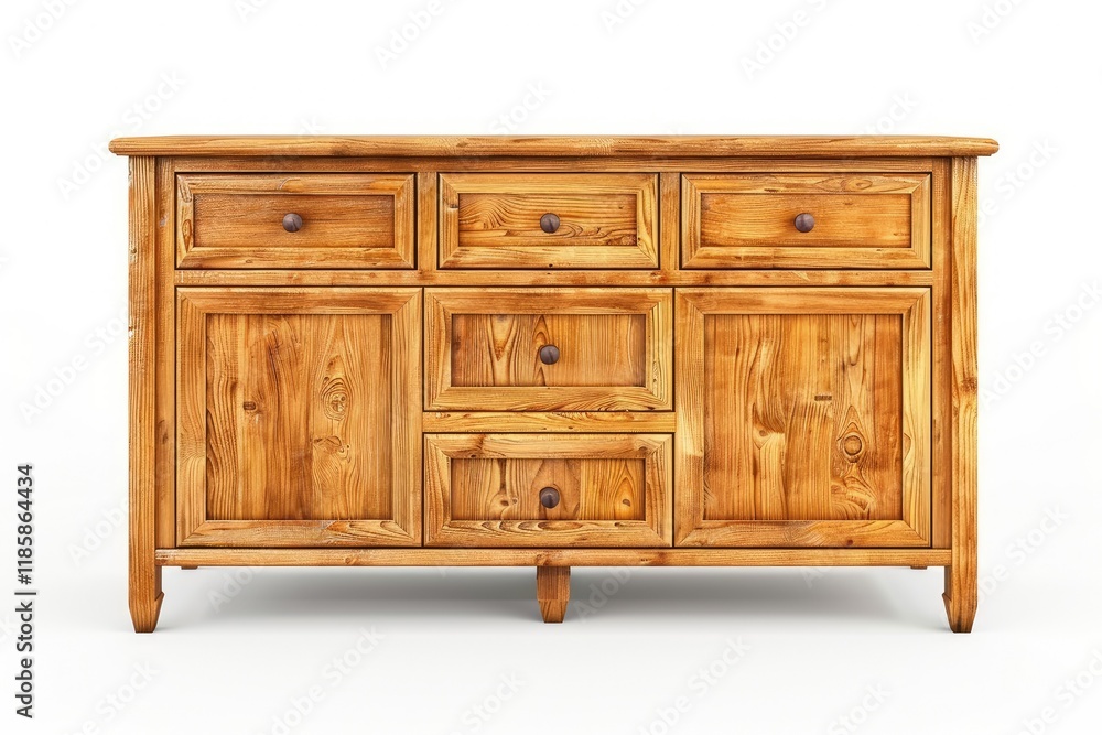 High Detail Image of Wooden Sideboard with Drawers on White Background High Detail Image of Wooden Sideboard with Drawers on White Background