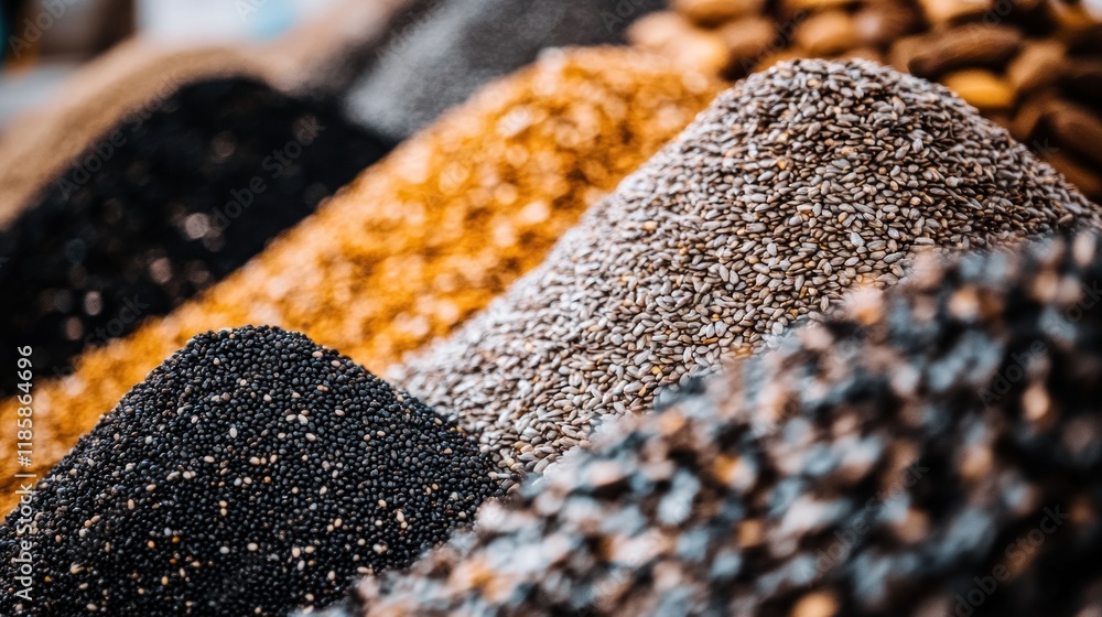 Colorful piles of various seeds and grains at a market stall. Colorful piles of various seeds and grains at a market stall.