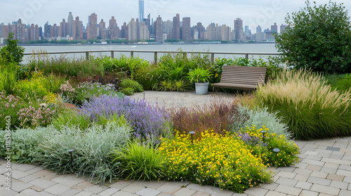 Colorful urban garden with city skyline view,  relaxing seating area