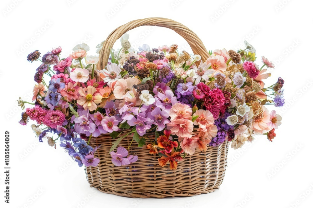 High Resolution Visual of Basket Full of Various Flowers on White Background High Resolution Visual of Basket Full of Various Flowers on White Background
