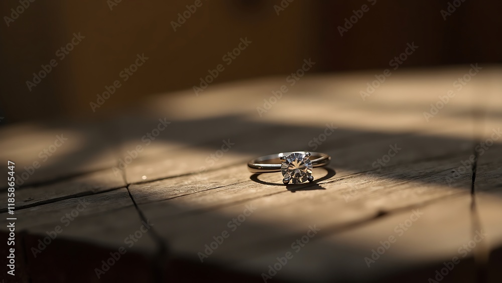 Diamond Ring Resting on a Rustic Wooden Table Diamond Ring Resting on a Rustic Wooden Table