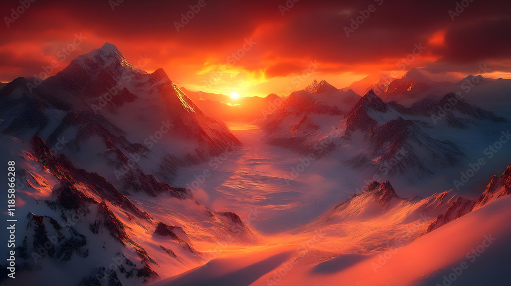 Obraz premium Snowy Mountain Peaks Glow at Sunset with Orange Hues