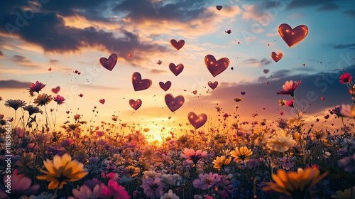 Wallpaper Mural Sunset Heartscape: A Serene Field of Love and Blooms Torontodigital.ca