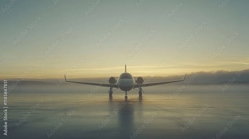 Private jet on runway at sunrise, fog. Private jet on runway at sunrise, fog.