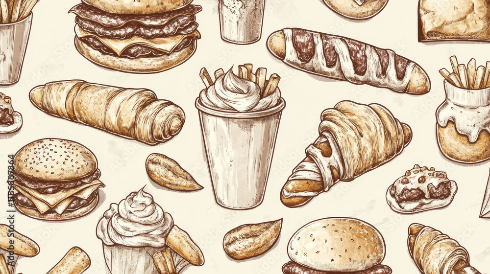 Fast food seamless vector pattern of snacks, drinks and desserts hamburger, pizza, hot dog, ice cream, chicken leg, burger, croissant, fries. Kitchen or restaurant decoration Fast food seamless vector pattern of snacks, drinks and desserts hamburger, pizza, hot dog, ice cream, chicken leg, burger, croissant, fries. Kitchen or restaurant decoration