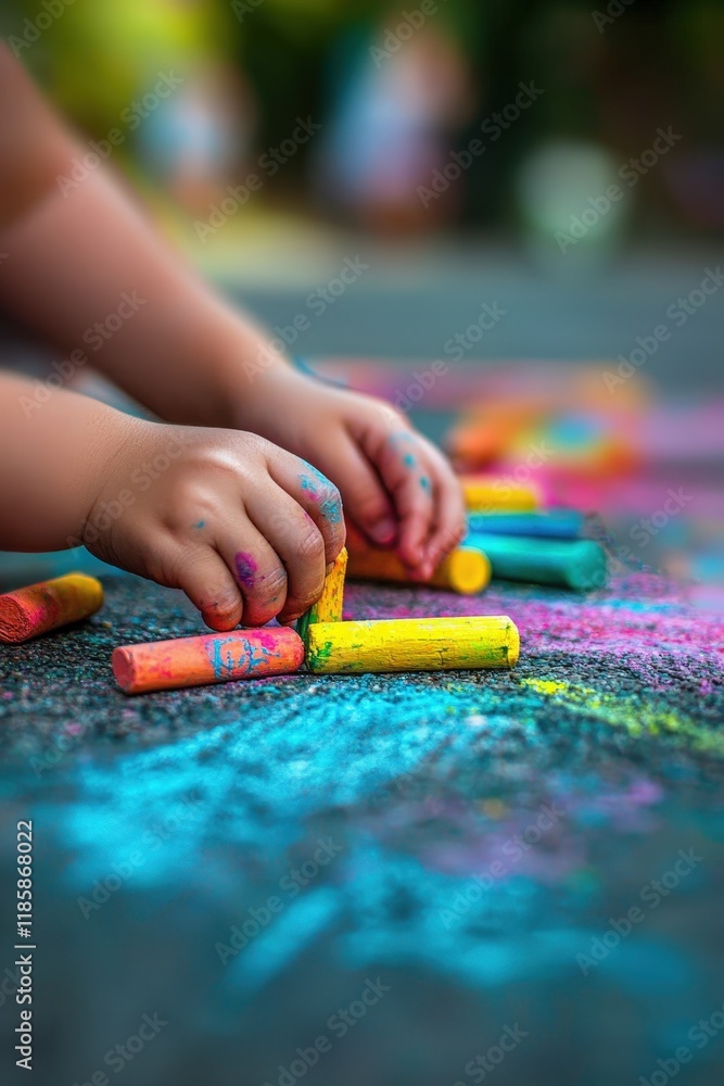 Fototapeta premium Close-up of a child drawing with chalk. Selective focus
