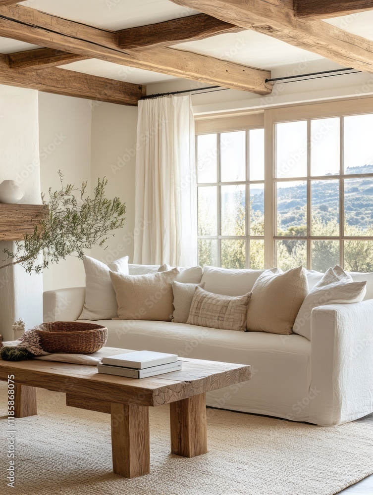 Obraz premium Rustic Living Room With White Sofa And Wooden Beams