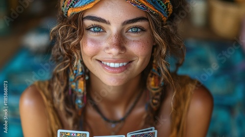 Young Woman with Tarot Cards and Bright Smile