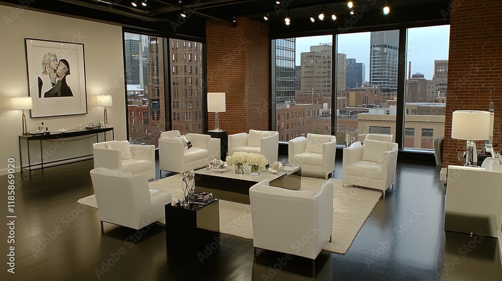 Modern minimalist waiting room with cityscape view, featuring white leather armchairs, low coffee table, and artwork. Modern minimalist waiting room with cityscape view, featuring white leather armchairs, low coffee table, and artwork.