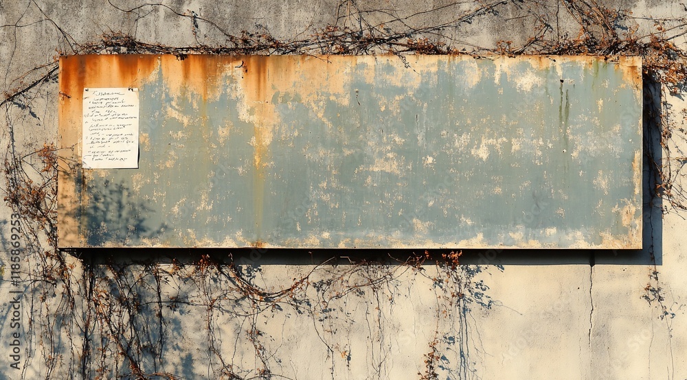 Fototapeta premium Rusty metal sign on weathered concrete wall with vines.