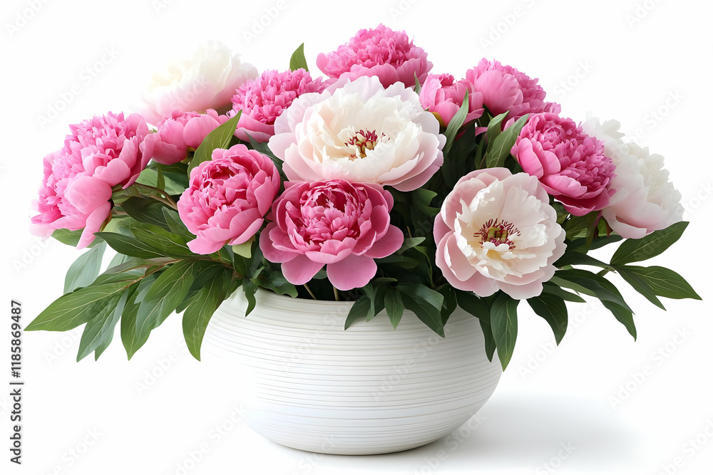 Pink and White Peonies Bloom Beautifully in a White Vase Pink and White Peonies Bloom Beautifully in a White Vase