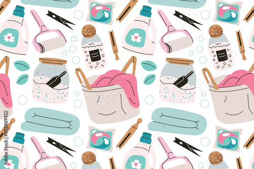 Seamless laundry pattern, vector illustrations in flat cartoon style, detergent bottles, clothespins, laundry baskets, washing powder, doodle capsules for washing, and lint rollers