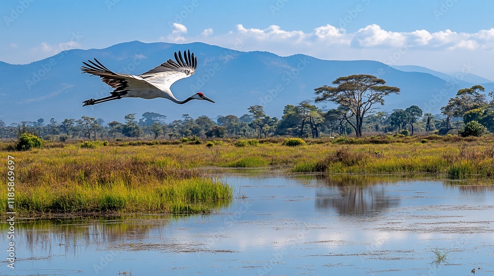 Red-crowned crane in flight over wetland. Red-crowned crane in flight over wetland.