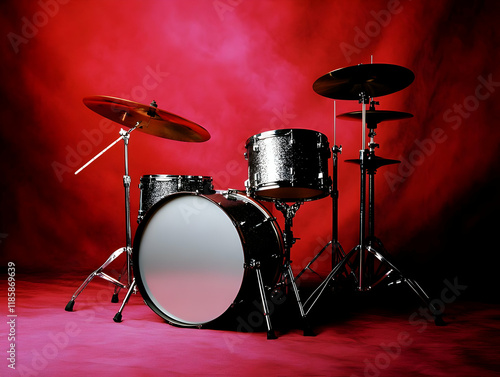 Drum Set Stands Ready on Red, Percussion Instruments Await the Beat photo