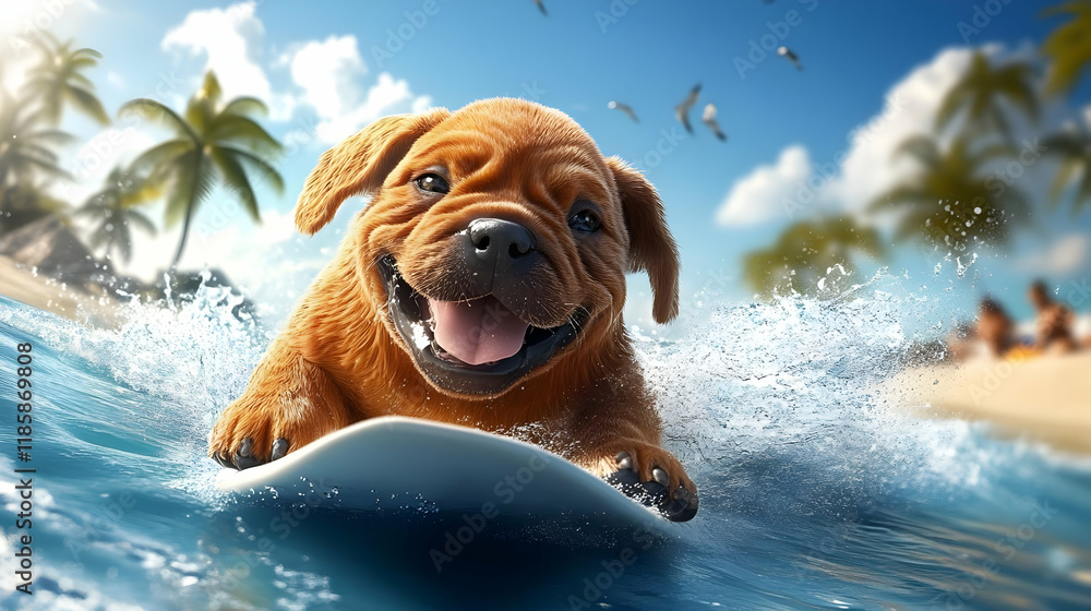 Puppy Surfing Rides Waves at Tropical Beach with Palm Trees on Sunny Day Puppy Surfing Rides Waves at Tropical Beach with Palm Trees on Sunny Day