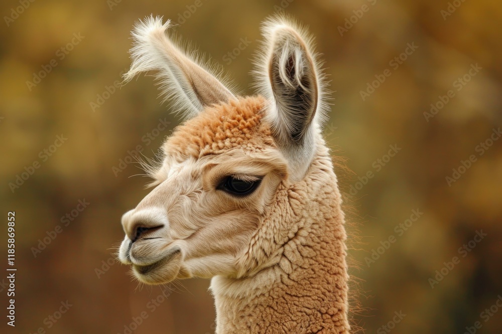 Obraz premium Close up of a young alpaca with fluffy fur and long ears, looking calm and serene against a blurred background