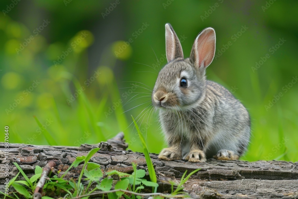 Fototapeta premium Adorable baby rabbit sits on a log in a vibrant green forest, showcasing the beauty of nature and wildlife