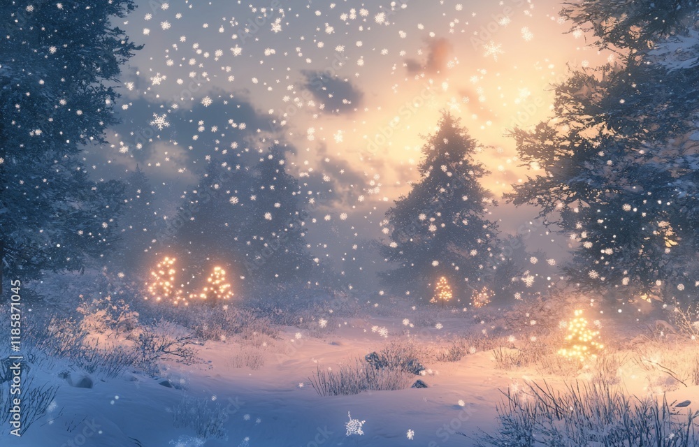 Naklejka premium Magical winter sunset in snowy forest with glowing trees.