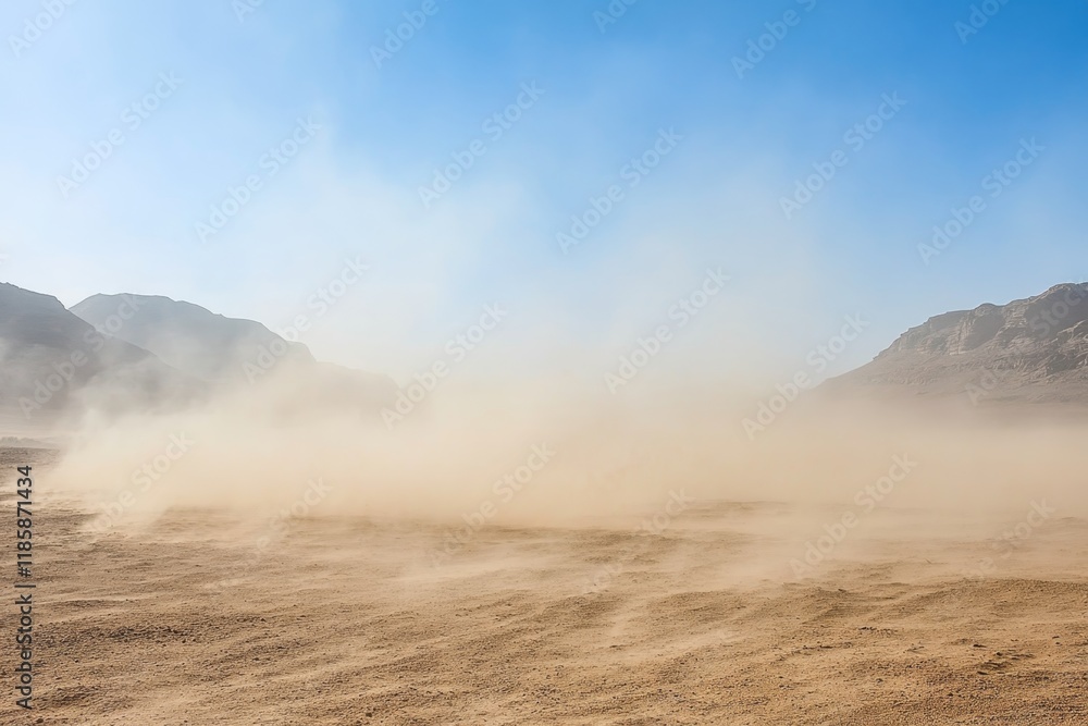 Desert dust storm blowing sand between mountains Desert dust storm blowing sand between mountains