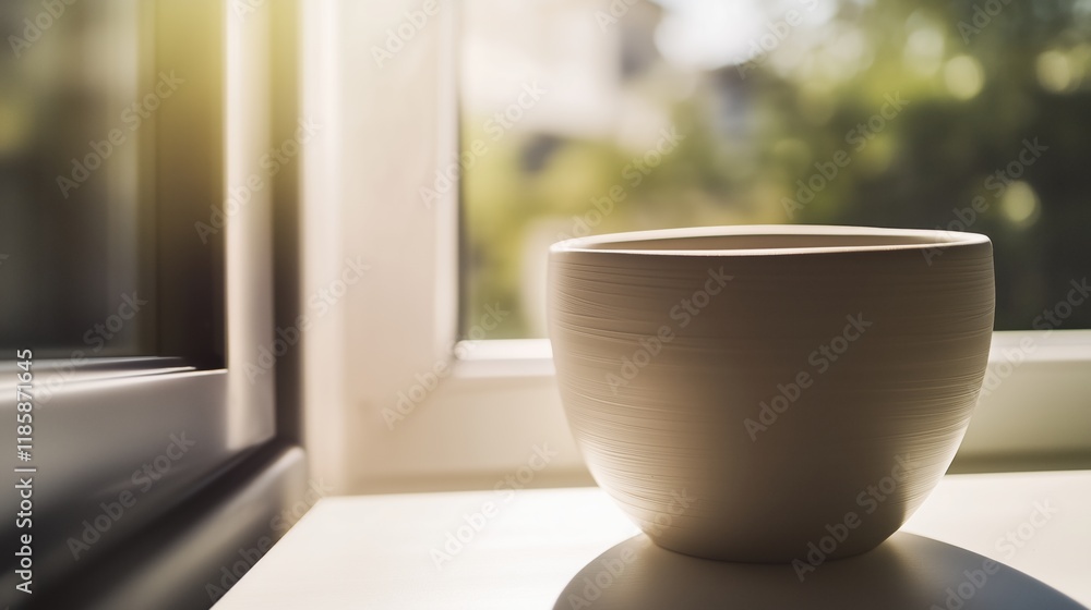 A White Cup Sitting on a Table in Front of a Window - Generative AI A White Cup Sitting on a Table in Front of a Window - Generative AI
