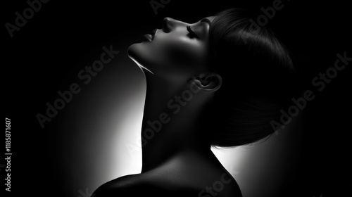 Dramatic black and white portrait of a woman's face and neck, tilted upward, lit from below.