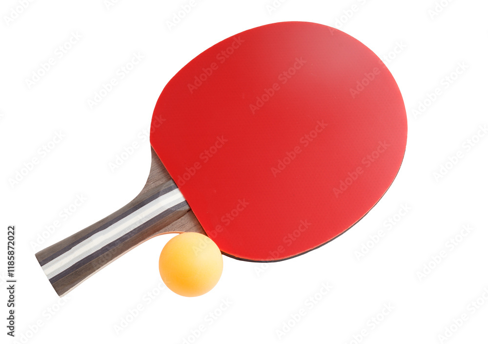 A red paddle with a yellow ball on it A red paddle with a yellow ball on it