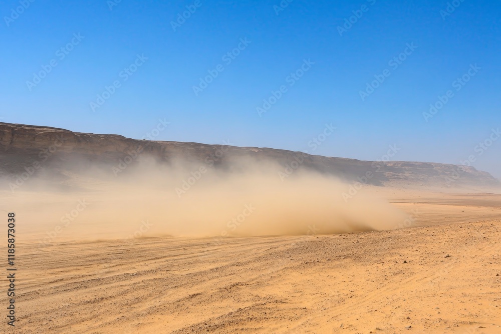 Desert dust storm, vehicle driving, sand dunes, clear sky, travel Desert dust storm, vehicle driving, sand dunes, clear sky, travel