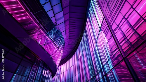 Abstract purple and pink neon lights reflecting on modern glass building facade at night.