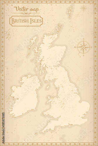 Elegant vintage vector map of British Isles with ornate borders and antique aesthetics. Perfect for historical, decorative, or design projects!