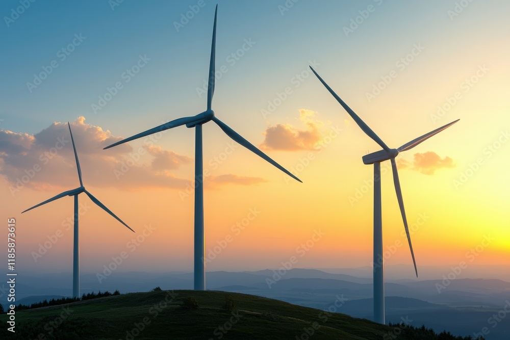 Obraz premium Serene Sunset Over Wind Turbines on a Hill, Illustrating Eco-Friendly Energy Solutions in a Tranquil Landscape with Vibrant Colors and Peaceful Atmosphere