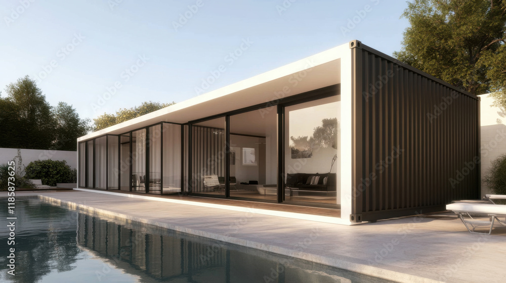 modern container home with large glass windows and infinity pool, surrounded by greenery, offers serene and stylish living space modern container home with large glass windows and infinity pool, surrounded by greenery, offers serene and stylish living space