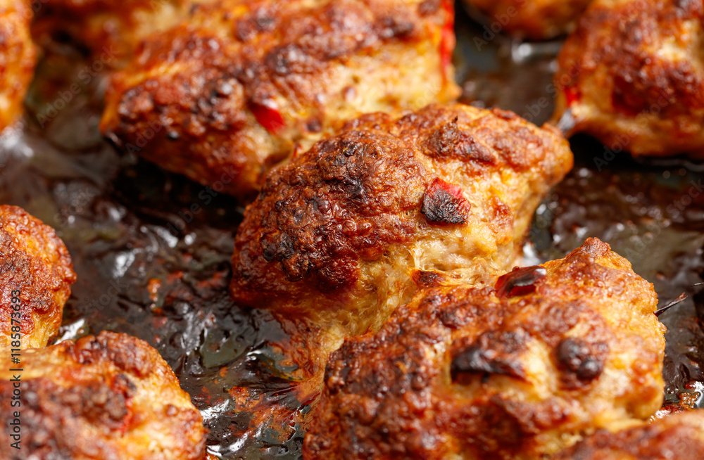 A pan of meat is cooked and has a burnt crust A pan of meat is cooked and has a burnt crust