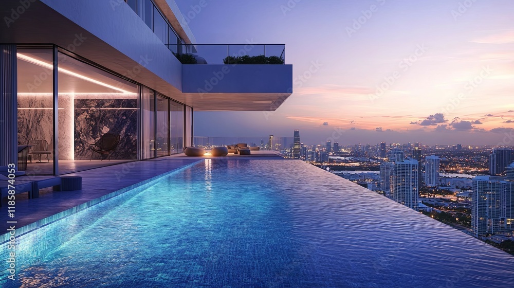 Obraz premium Elegant modern villa featuring a private rooftop and swimming pool