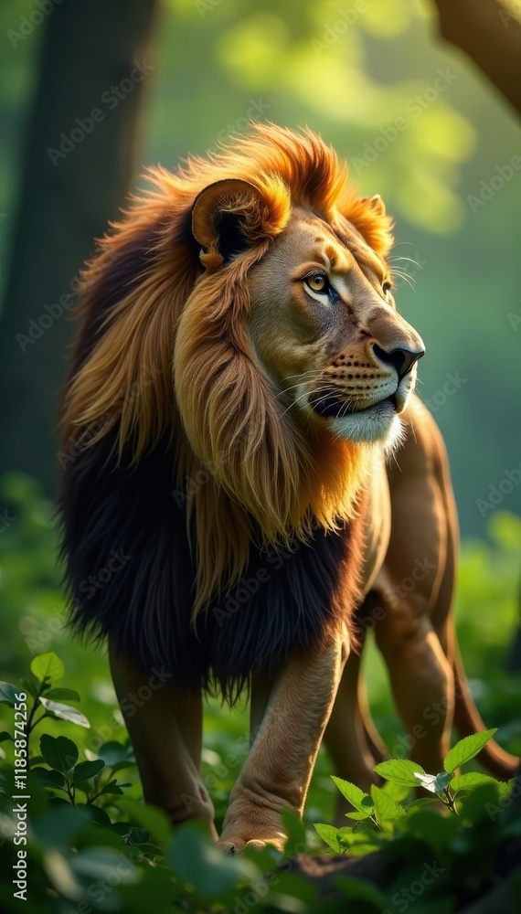Fototapeta premium Majestic lion's mane flowing in the gentle forest breeze, savannah, nature