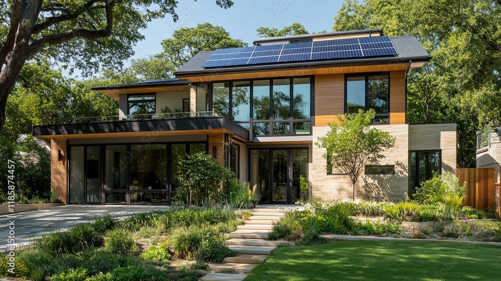 An elegant home featuring a solar energy facade shaded by trees in a modern style An elegant home featuring a solar energy facade shaded by trees in a modern style