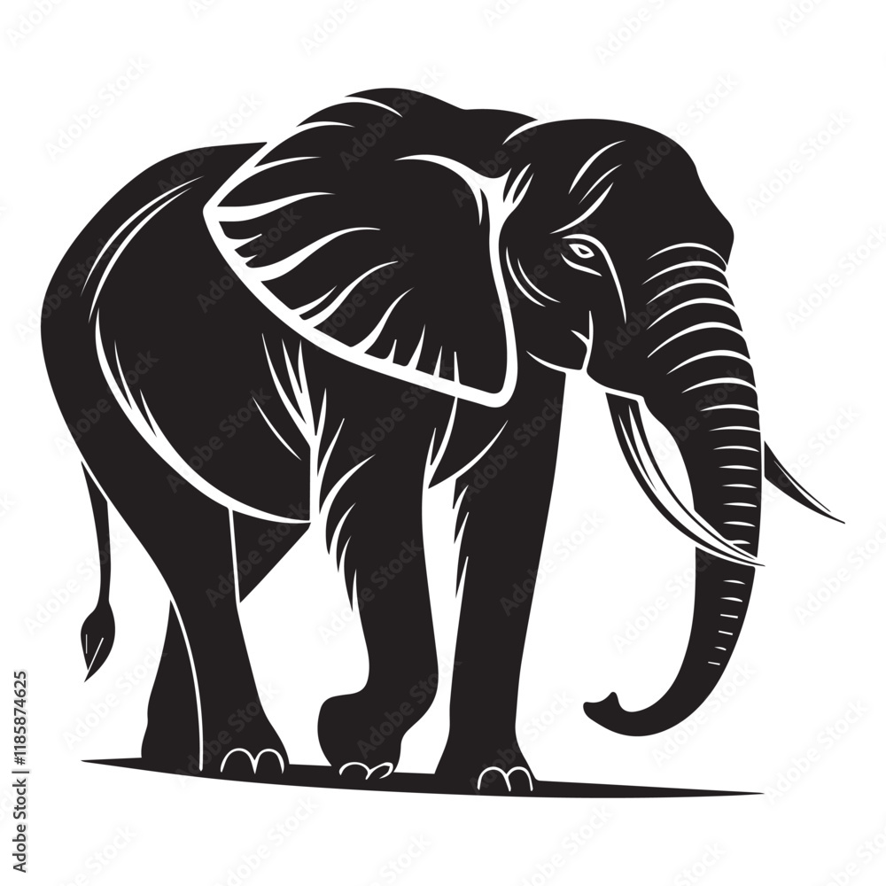 Fototapeta premium Black elephant silhouette. elephant illustration.very simple and single elephant silhouette white background.