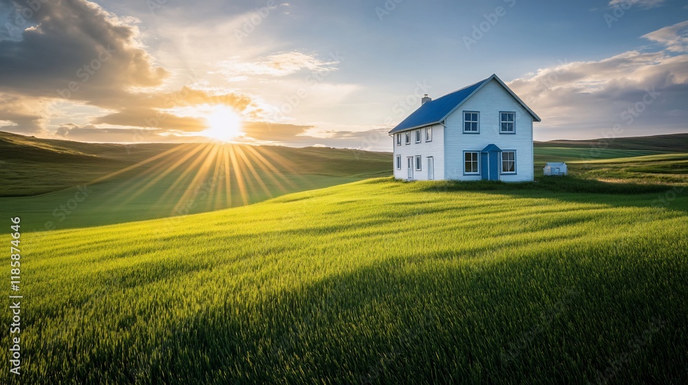 Sunset over green field with white house. Sunset over green field with white house.