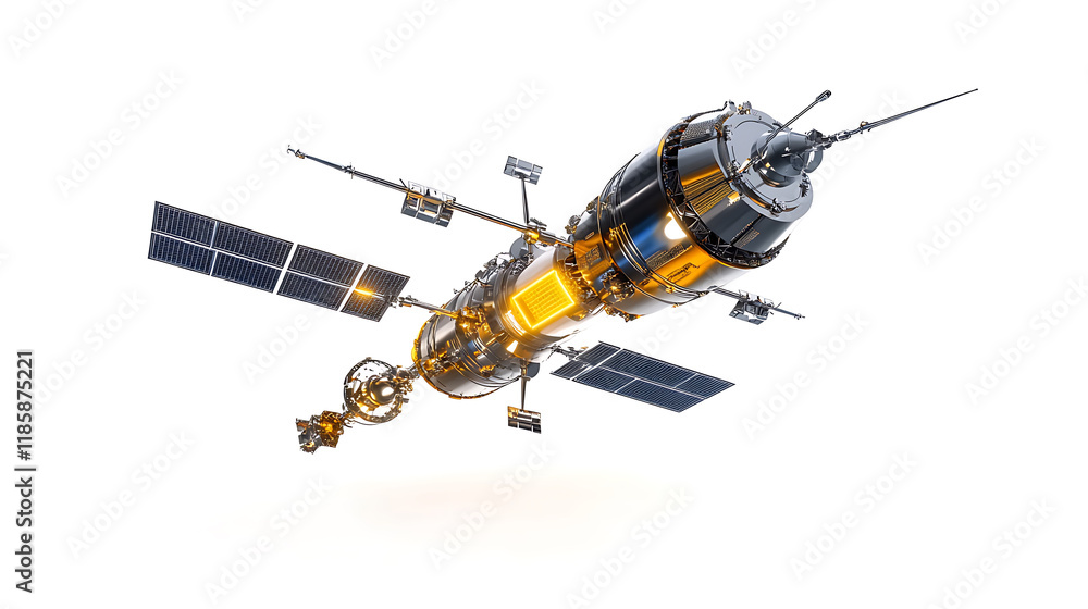 futuristic satellite with solar panels and glowing elements in space futuristic satellite with solar panels and glowing elements in space