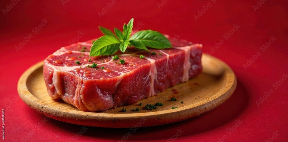 Raw steak on wooden plate against bold red background , #red, #background Raw steak on wooden plate against bold red background , #red, #background