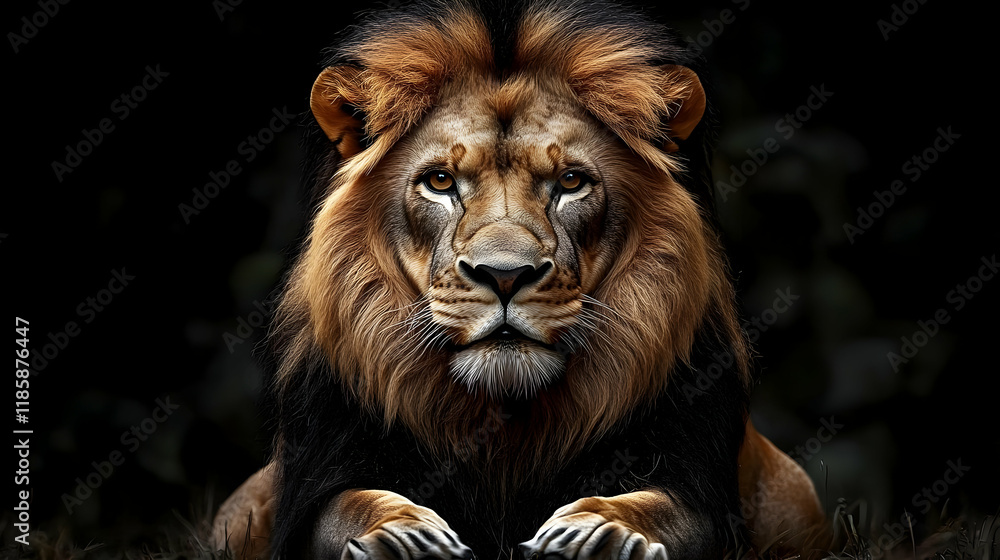 Fototapeta premium Majestic Lion Rests Calmly in Dark Jungle Habitat